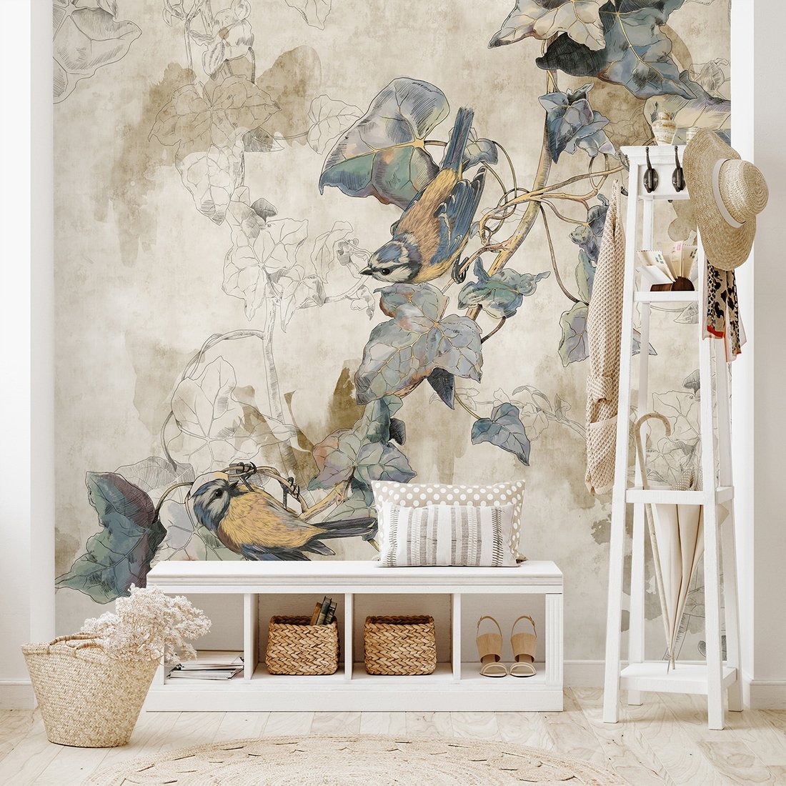 Fototapeta - beton, ptaki, liście