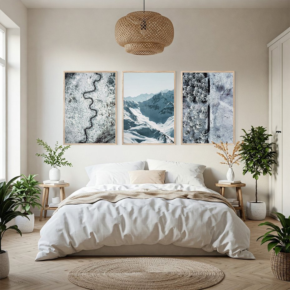 Zestaw obrazy w ramie, plakaty - zima, śnieg, góry - rama drewno