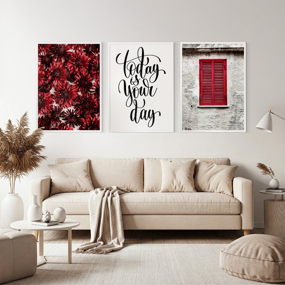 Zestaw obrazy w ramie, plakaty - kwiaty, okno, typografia - rama biała