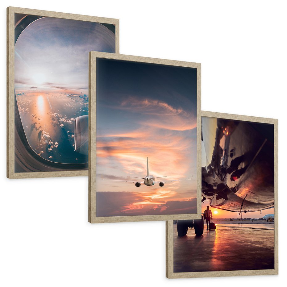 Zestaw obrazy w ramie, plakaty - samolot, niebo, podróż - rama drewno