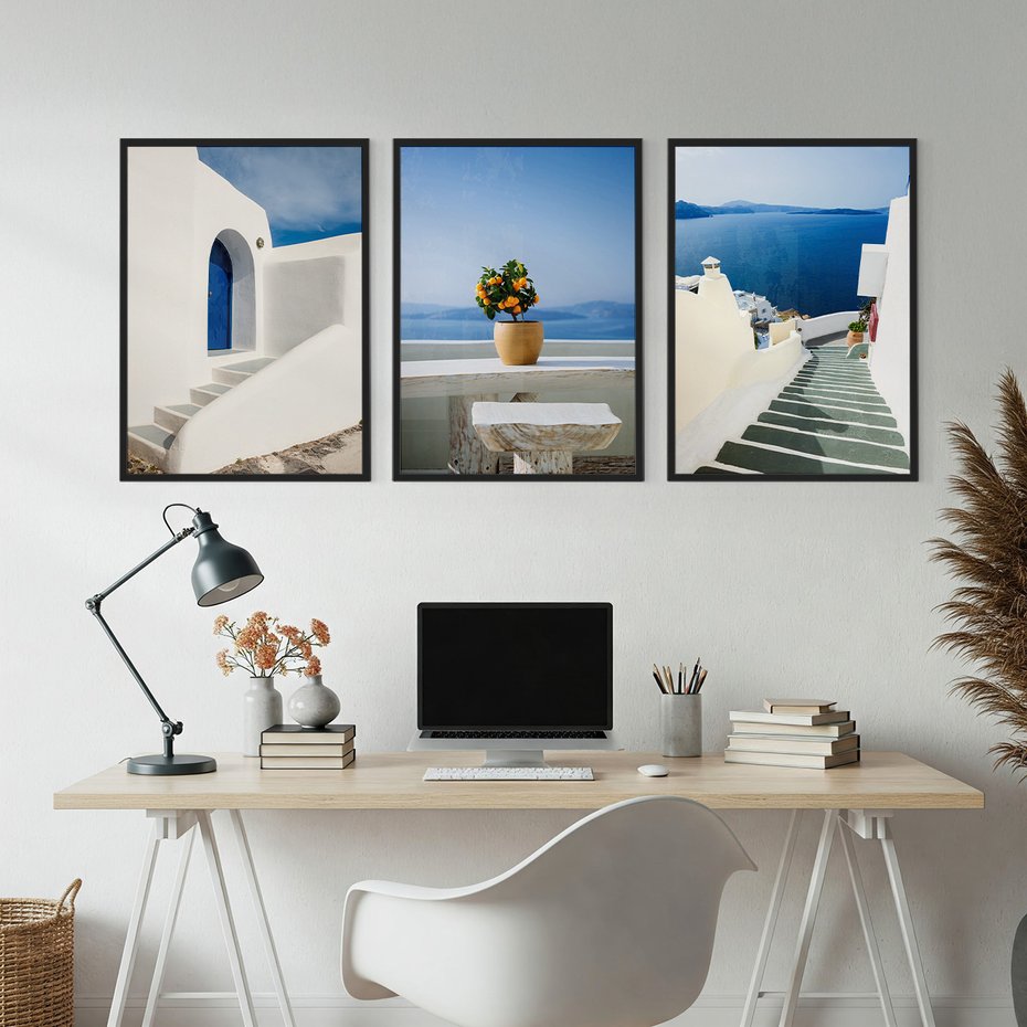 Zestaw obrazy w ramie, plakaty - Grecja, morze, Santorini - rama czarna
