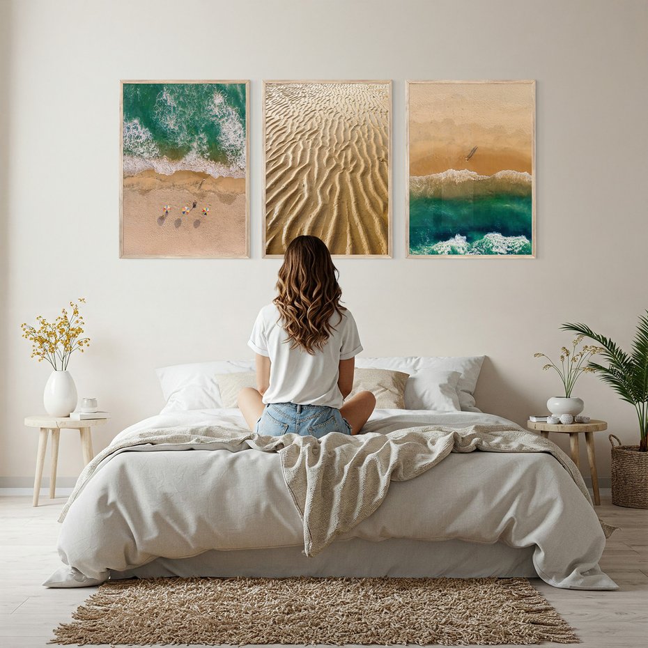 Zestaw obrazy w ramie, plakaty - plaża, morze, piasek - rama drewno