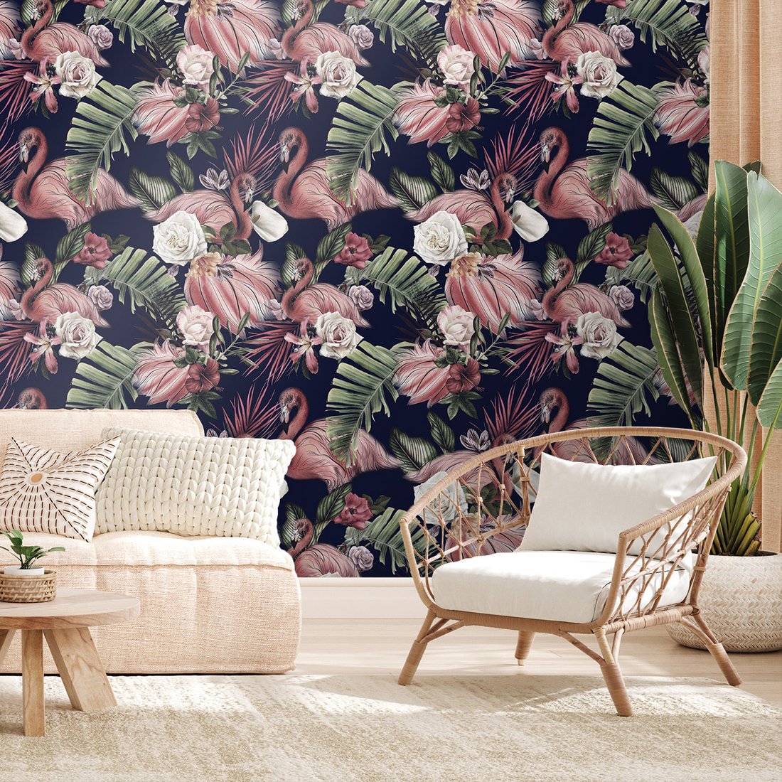 Tapeta - flamingo, liście, kwiaty