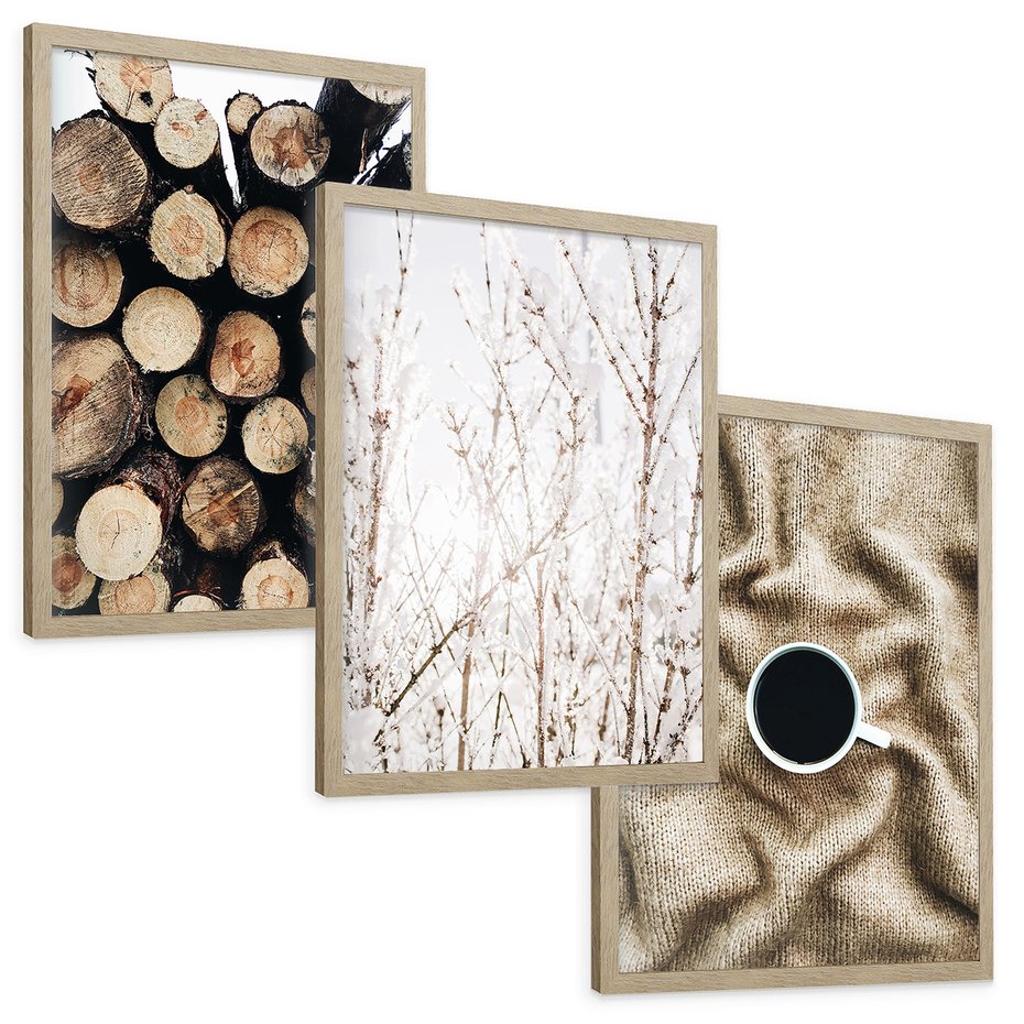Zestaw obrazy w ramie, plakaty - drewno, zima, sweter - rama drewno