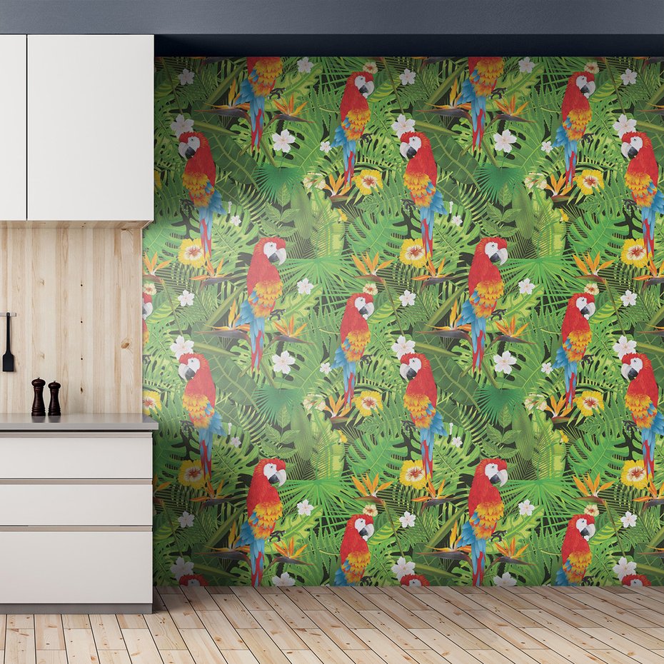 Tapeta - papuga, liście, kwiaty