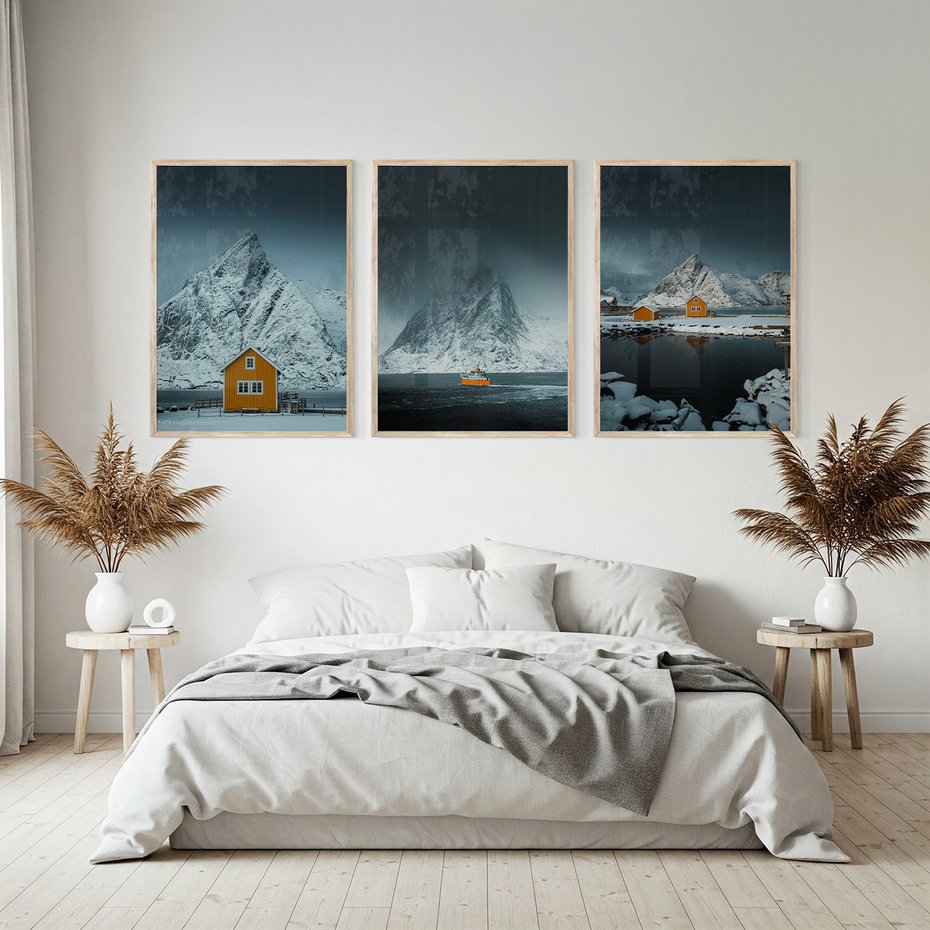 Zestaw obrazy w ramie, plakaty - góry, śnieg, domki - rama drewno