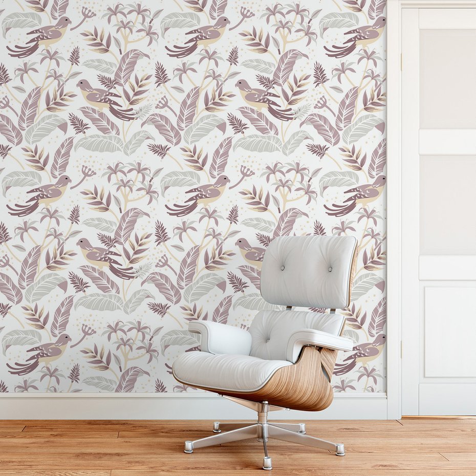 Tapeta - liście, ptaki, kwiaty