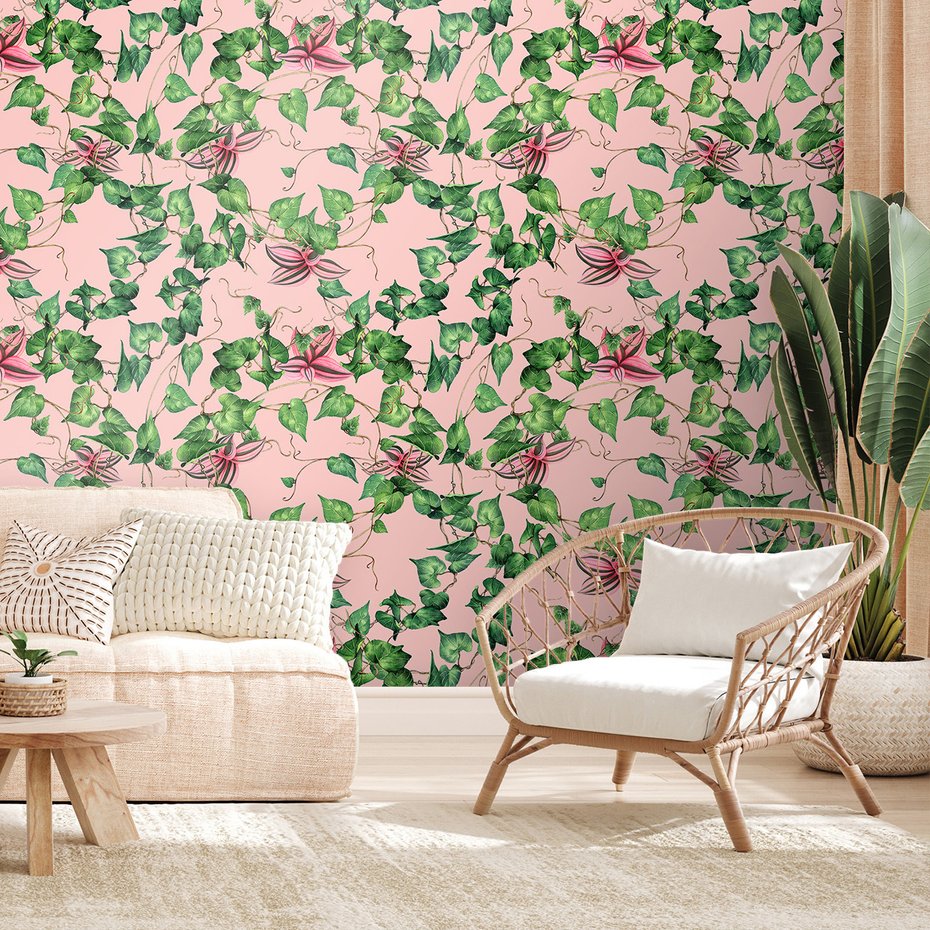 Tapeta - liście, pnącza, różowy