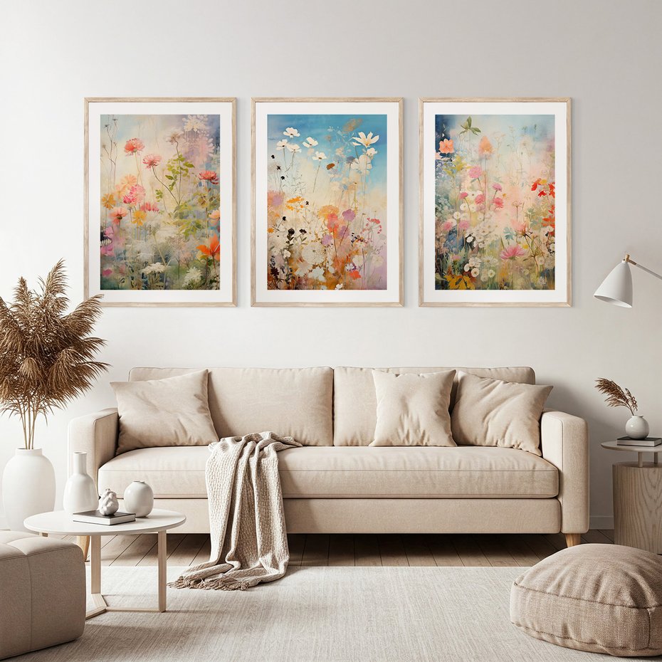 Zestaw obrazy w ramie, plakaty - kwiaty, rośliny, delikatne - rama drewno
