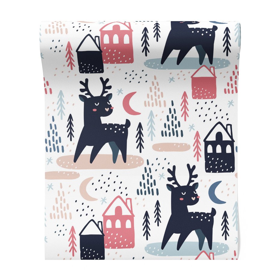 Tapeta - dziecięca, renifer, dom, las
