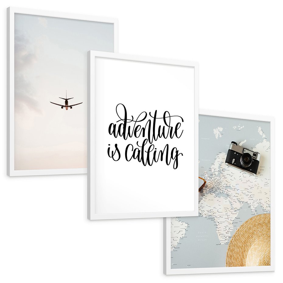 Zestaw obrazy w ramie, plakaty - podróż, samolot, mapa - rama biała