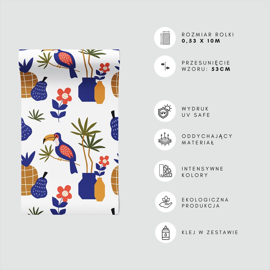 Tapeta - ananasy, kwiaty, tukan