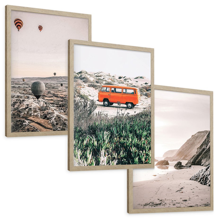 Zestaw obrazy w ramie, plakaty - balony, morze, plaża - rama drewno