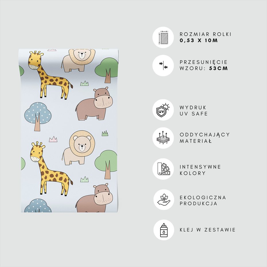 Tapeta - dziecięca, żyrafa, lew, hipopotam