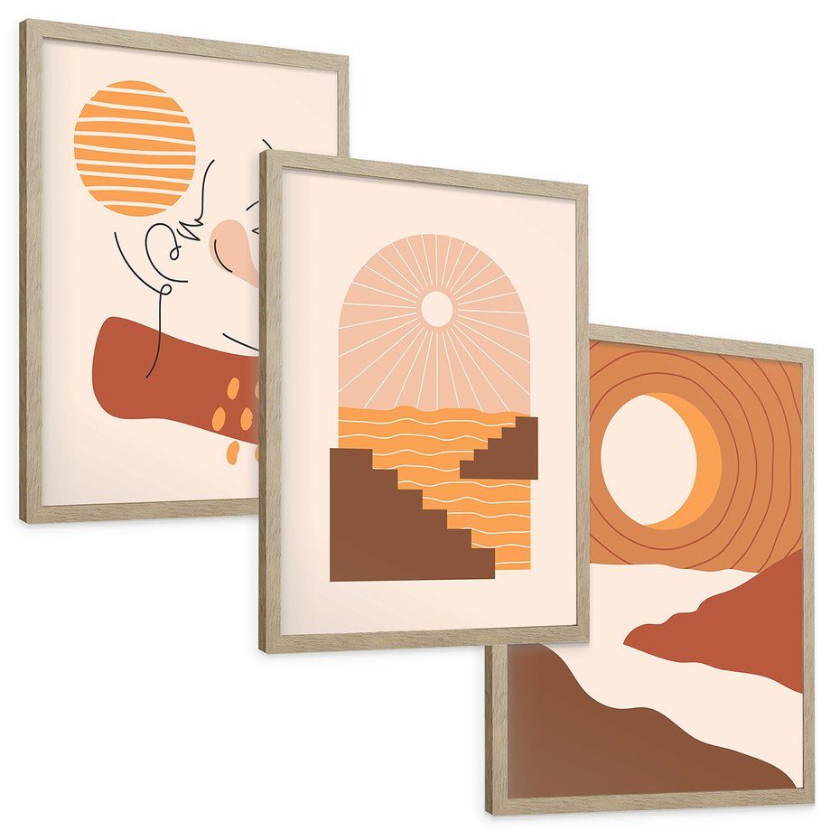 Zestaw obrazy w ramie, plakaty - abstrakcja, boho, minimalizm - rama drewno