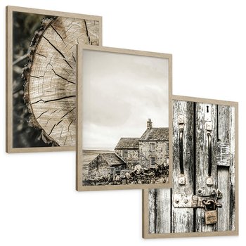 Zestaw obrazy w ramie, plakaty - drewno, tekstura, budynek - rama drewno