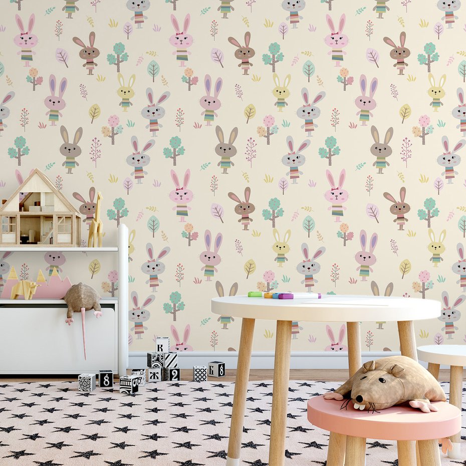 Tapeta - dziecięca, królik, drzewo, liść