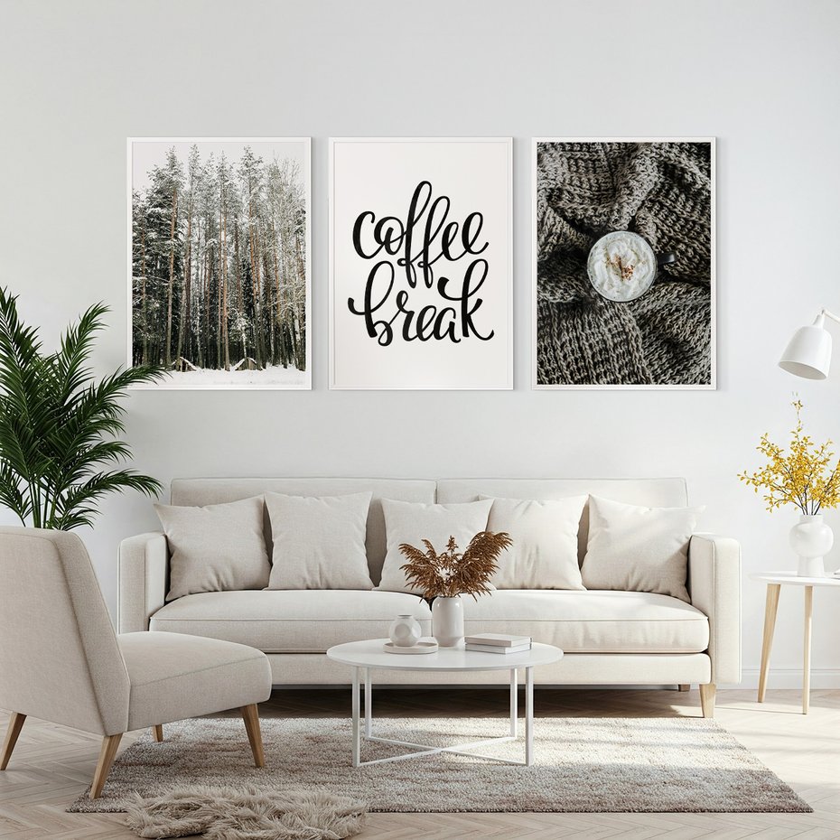 Zestaw obrazy w ramie, plakaty - zima, las, napój - rama biała