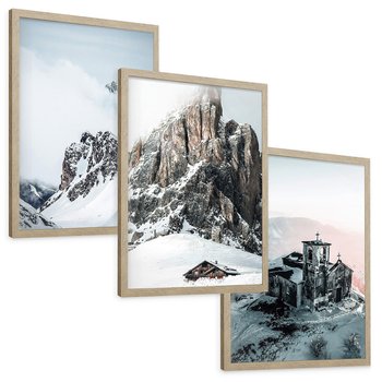 Zestaw obrazy w ramie, plakaty - góry, śnieg, zima - rama drewno