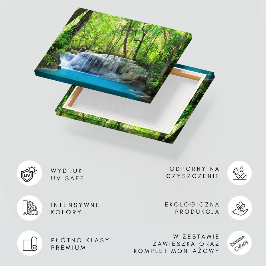 Obraz na płótnie - wodospad, las, turkusowy