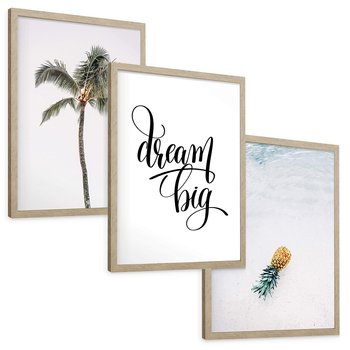 Zestaw obrazy w ramie, plakaty - palma, ananas, tropikalny - rama drewno