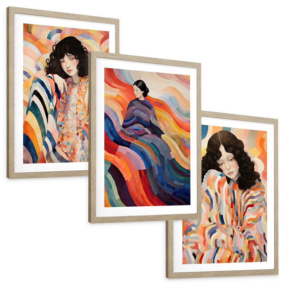 Zestaw obrazy w ramie, plakaty - kobieta, wzory, kolory, - rama drewno