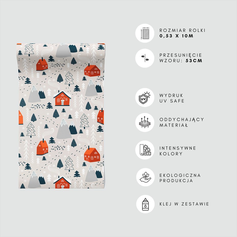 Tapeta - dziecięca, domy, góry, drzewa