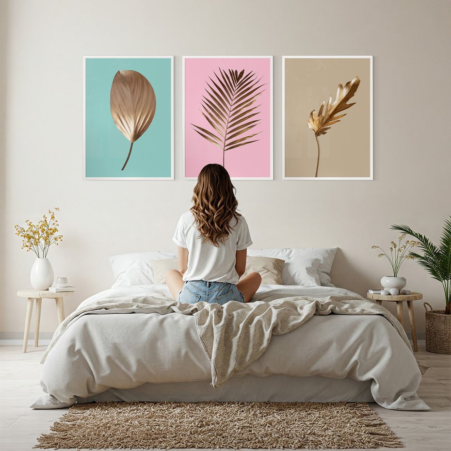 Zestaw obrazy w ramie, plakaty - liście, złoto, roślina - rama biała