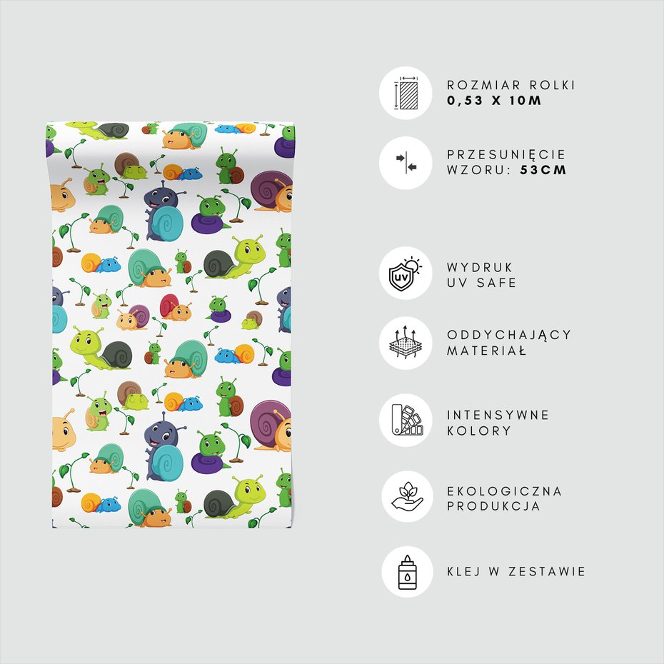 Tapeta - dziecięca, ślimaki, liście, wzór
