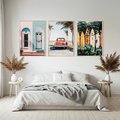 Zestaw obrazy w ramie, plakaty - palmy, samochód, deski surfingowe - rama drewno