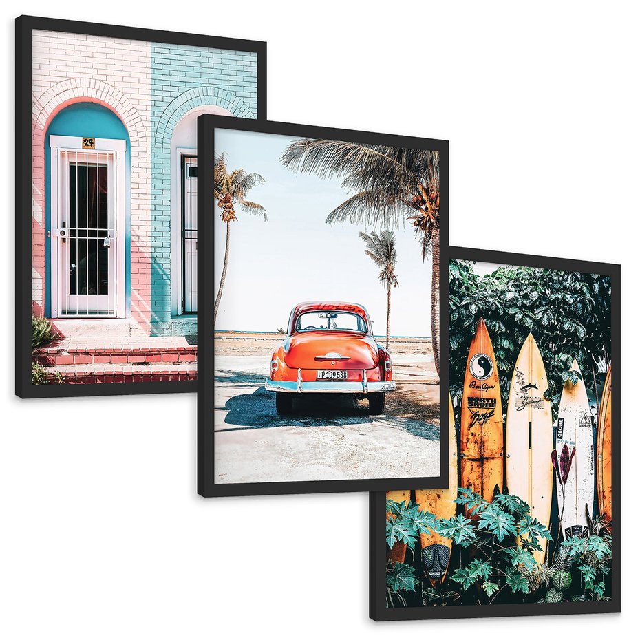 Zestaw obrazy w ramie, plakaty - palmy, samochód, deski surfingowe - rama czarna
