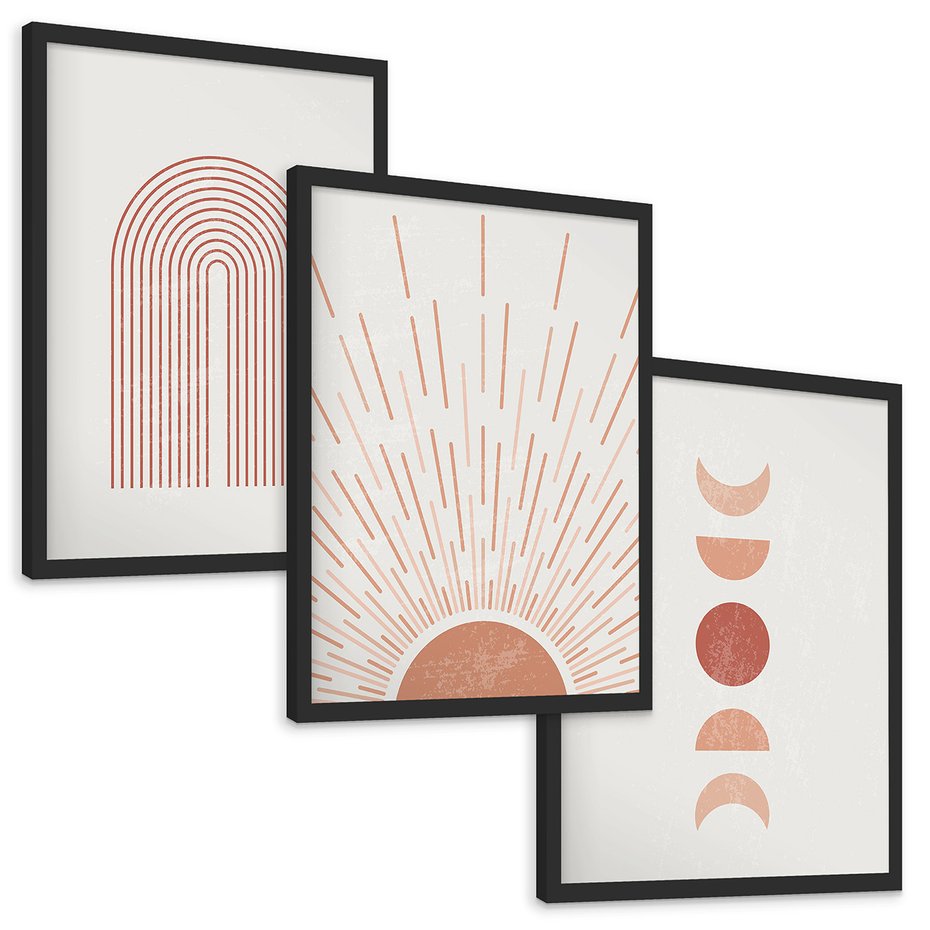 Zestaw obrazy w ramie, plakaty - abstrakcja, boho, minimalizm - rama czarna