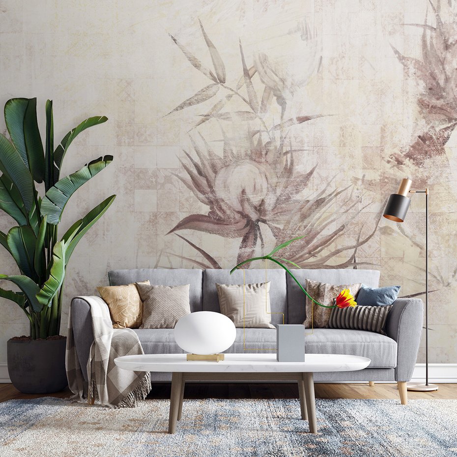 Fototapeta - loft, kwiaty, trawy