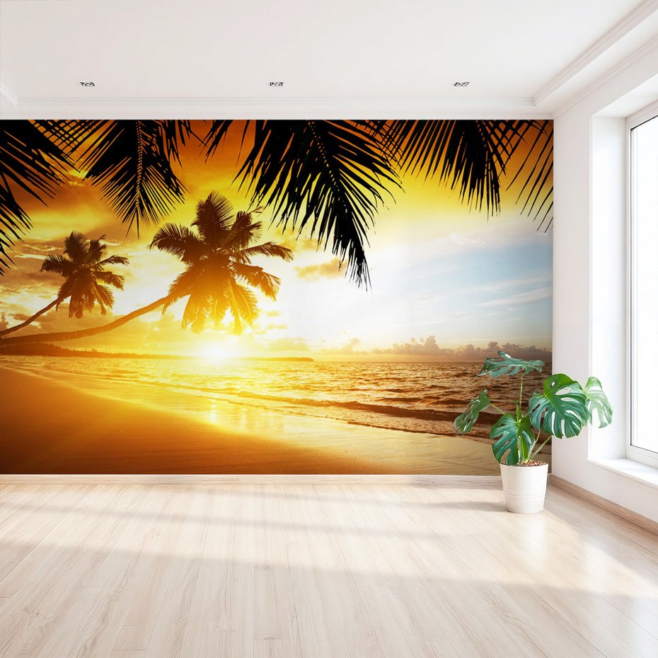 Fototapeta - plaża, palmy, zachód słońca