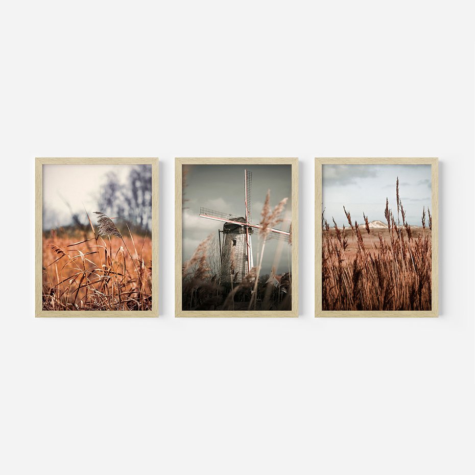 Zestaw obrazy w ramie, plakaty - krajobraz, wiatrak, natura - rama drewno