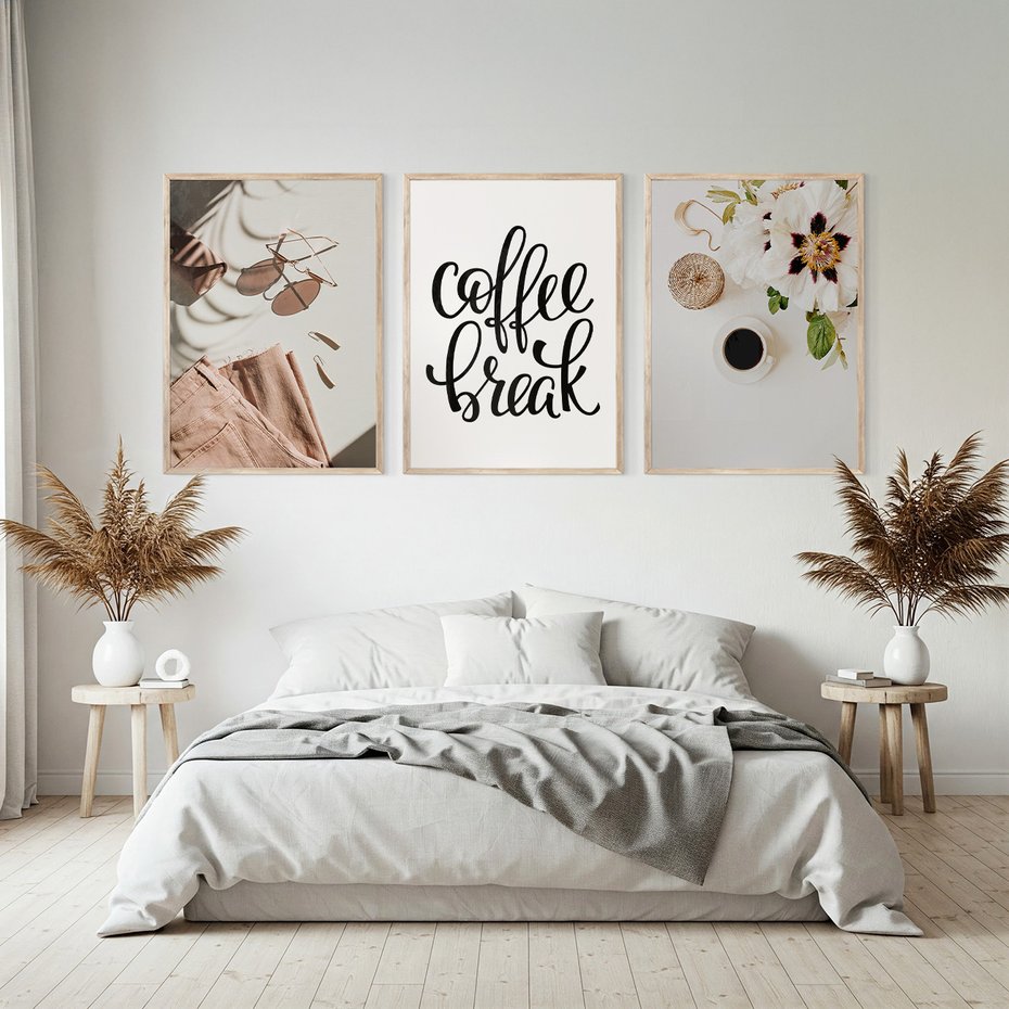 Zestaw obrazy w ramie, plakaty - kwiaty, kawa, akcesoria - rama drewno