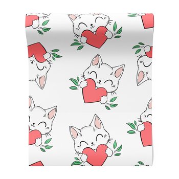 Tapeta - dziecięca, kot, serce, liście