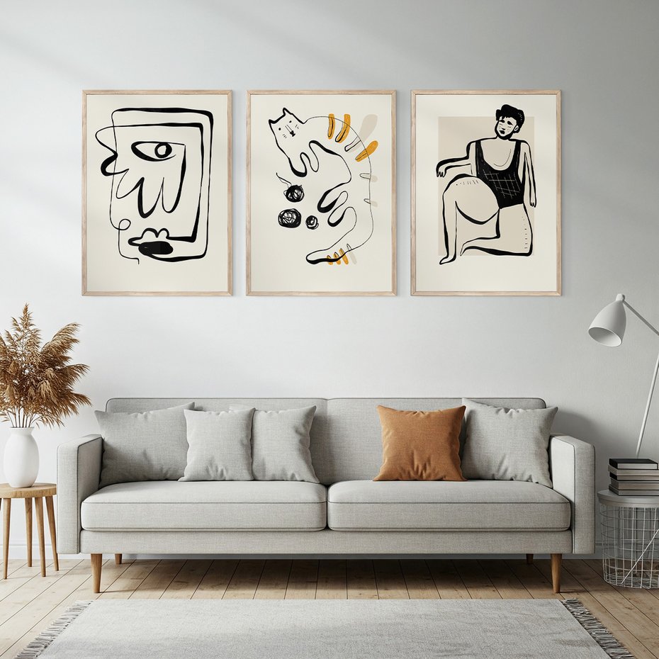 Zestaw obrazy w ramie, plakaty - abstrakcja, rysunek, minimalizm - rama drewno