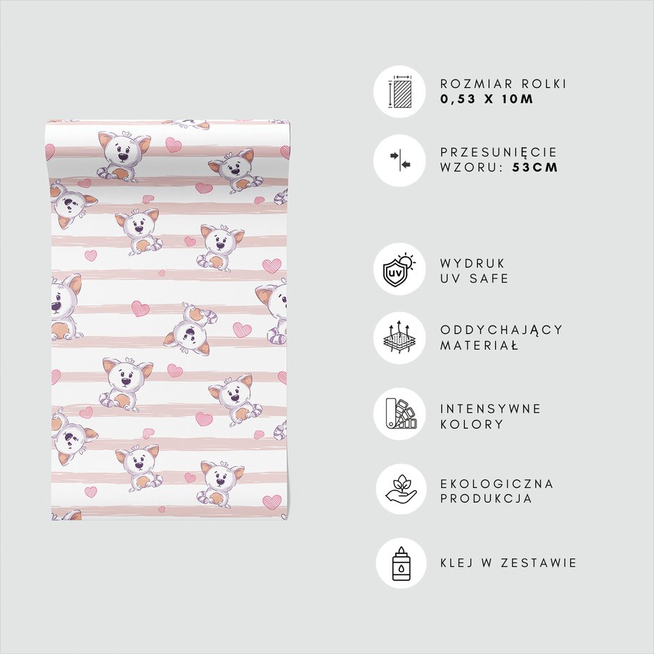 Tapeta - dziecięca, misie, serca, paski