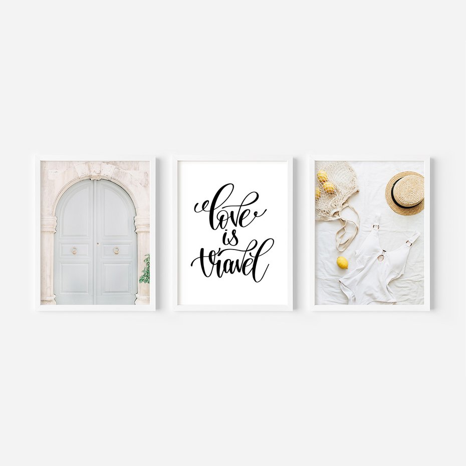Zestaw obrazy w ramie, plakaty - podróż, cytryny, drzwi - rama biała