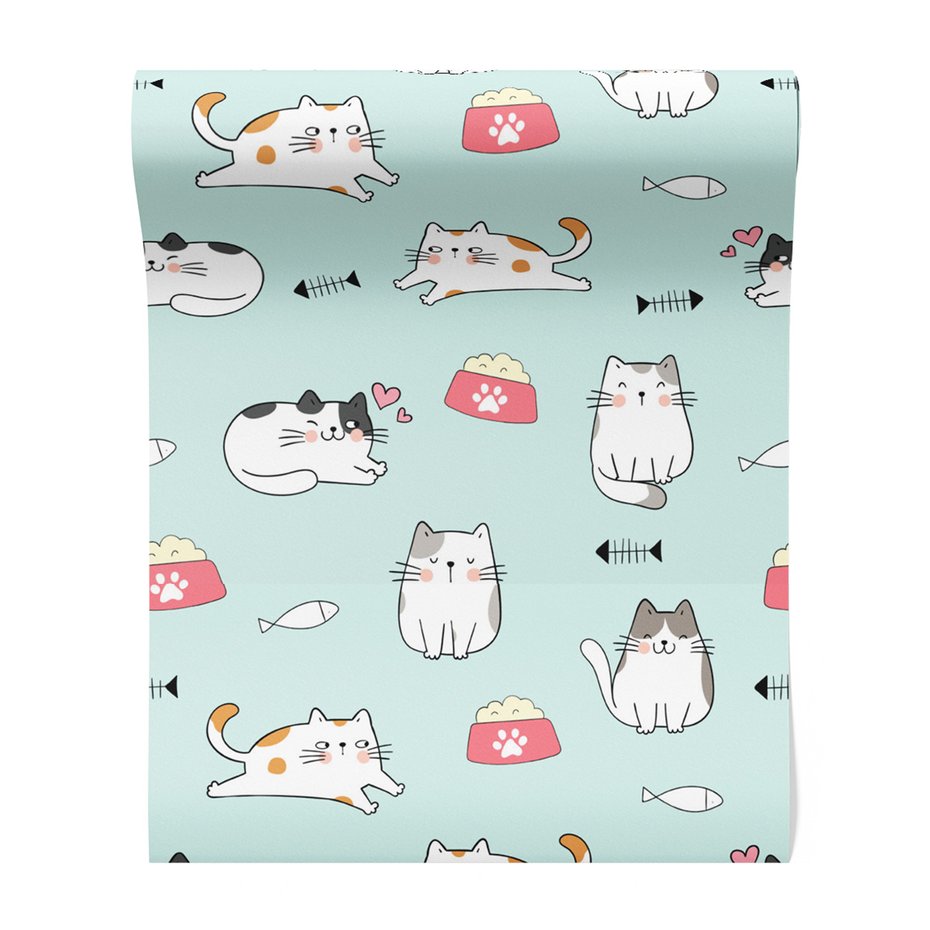 Tapeta - dziecięca, koty, miski, ryby