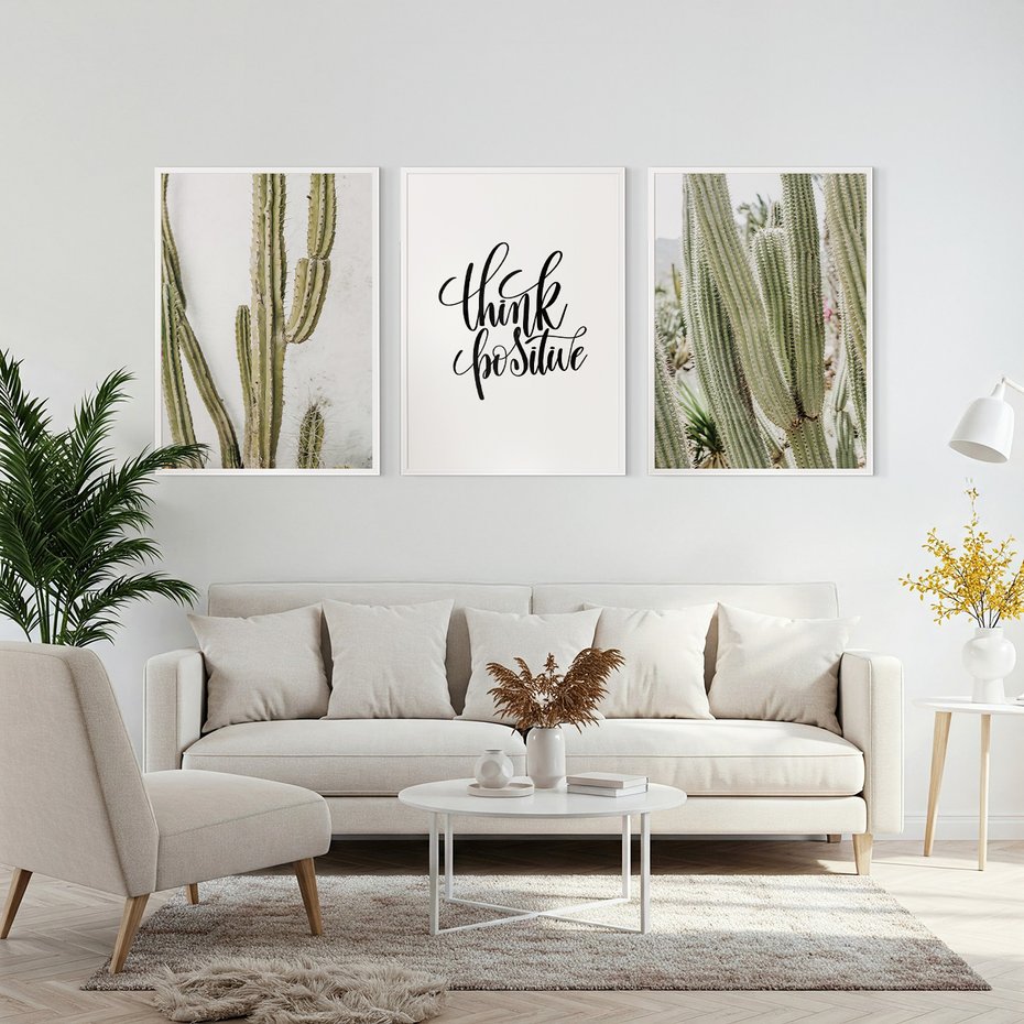 Zestaw obrazy w ramie, plakaty - kaktusy,rośliny,tekst - rama biała