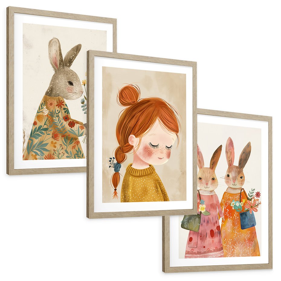 Zestaw obrazy w ramie, plakaty - króliki, dziewczynka, kwiaty - rama drewno
