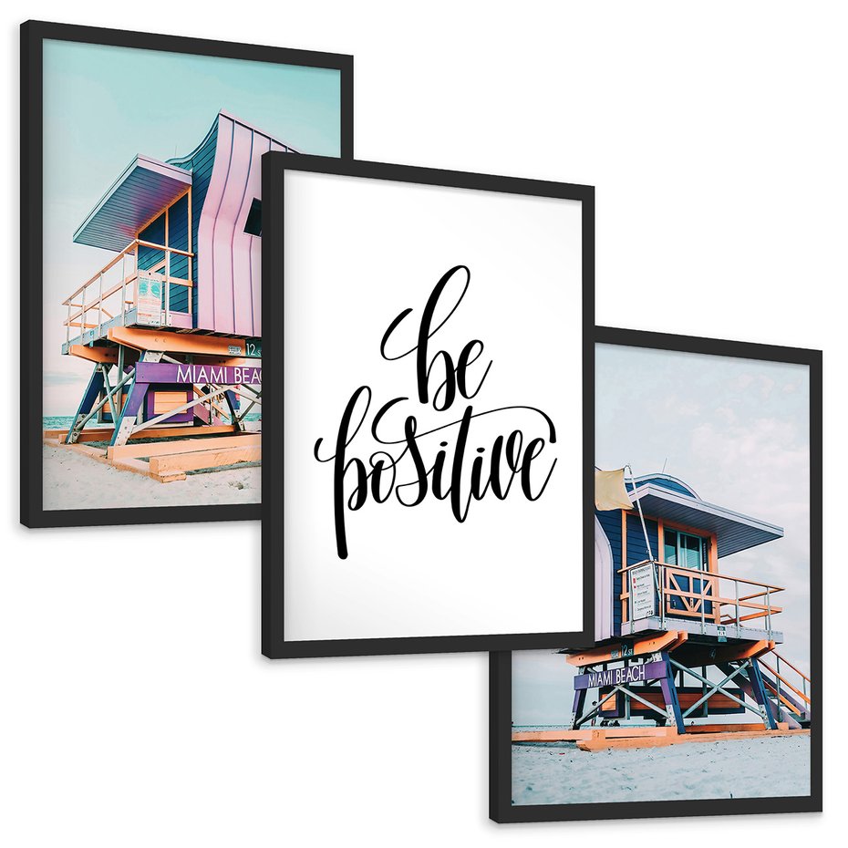 Zestaw obrazy w ramie, plakaty - plaża, budka ratownicza, morze - rama czarna
