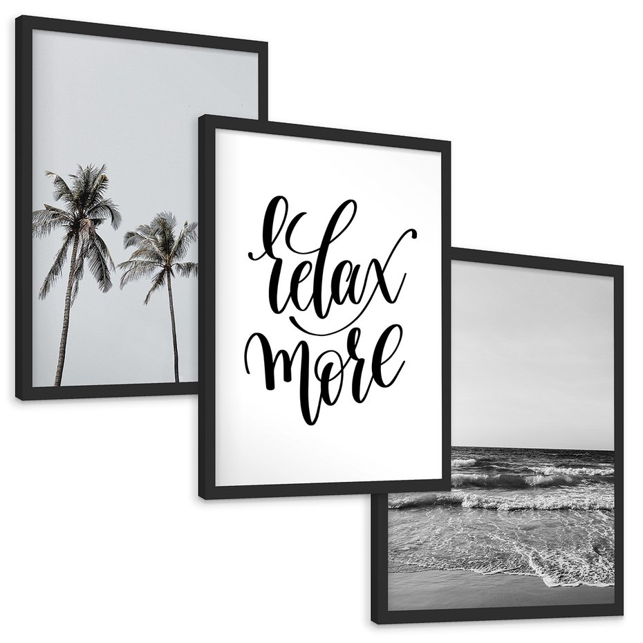 Zestaw obrazy w ramie, plakaty - palmy, morze, relax - rama czarna