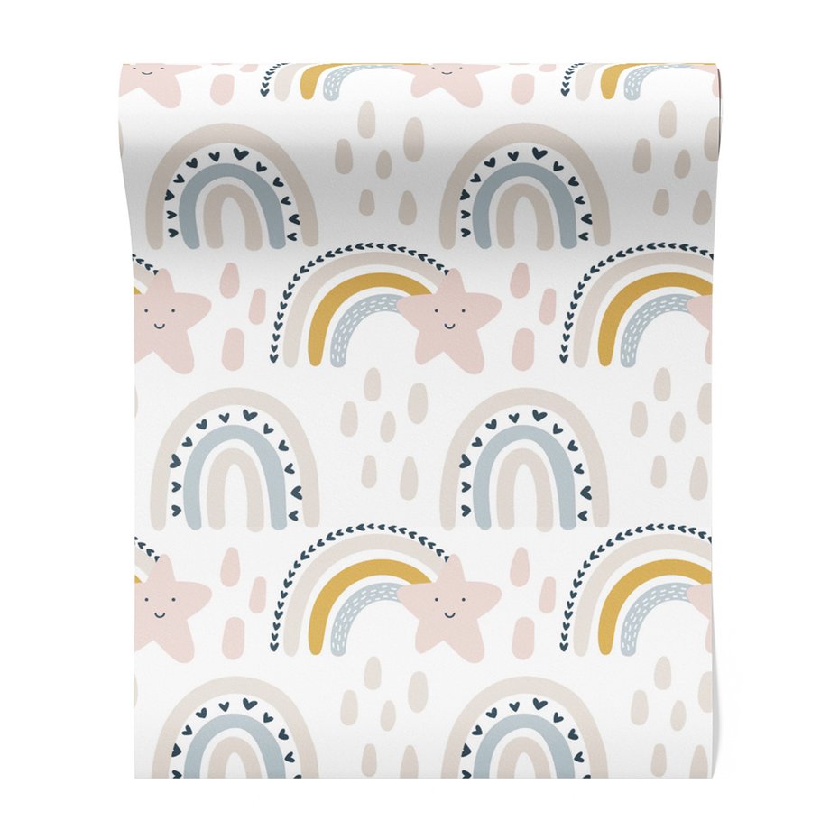 Tapeta - dziecięca, tęcza, gwiazda, krople