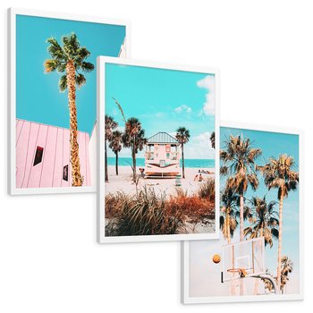Zestaw obrazy w ramie, plakaty - palmy, plaża, tropiki - rama biała