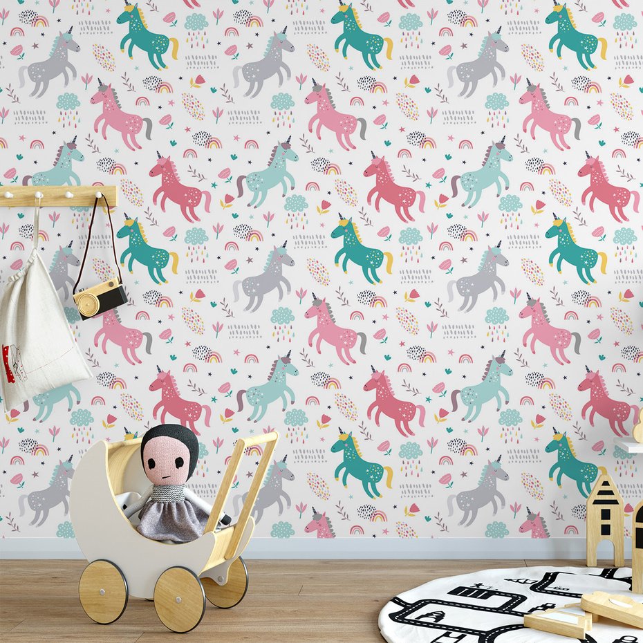 Tapeta - dziecięca, jednorożce, tęcza, chmury