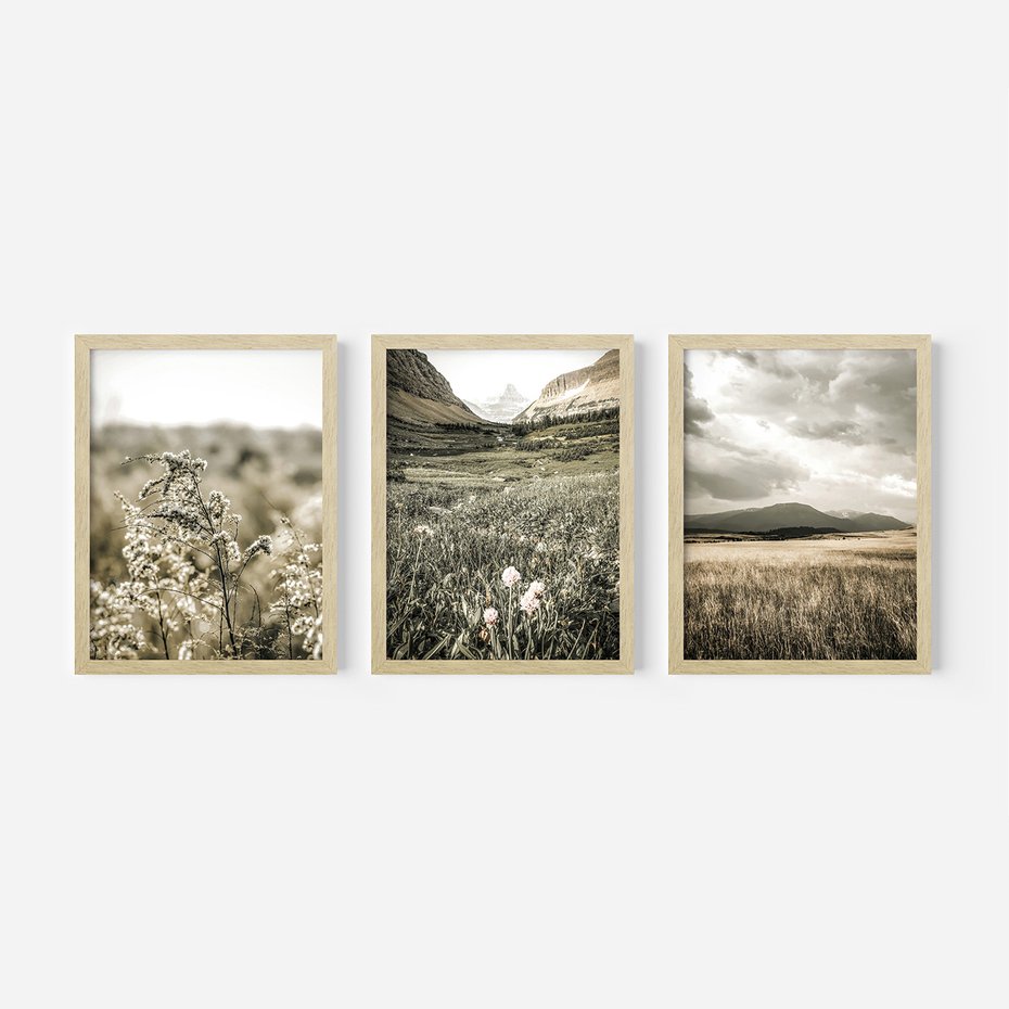 Zestaw obrazy w ramie, plakaty - krajobraz, natura, góry - rama drewno