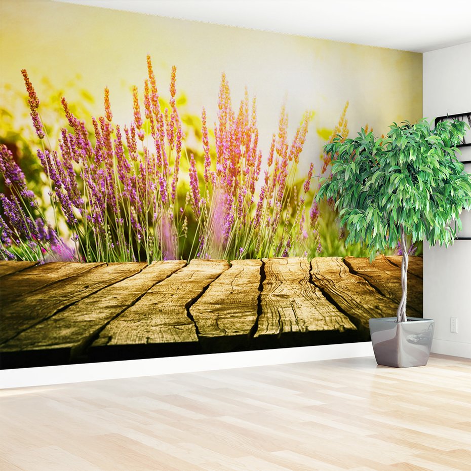 Fototapeta - lawenda, kwiaty, drewno